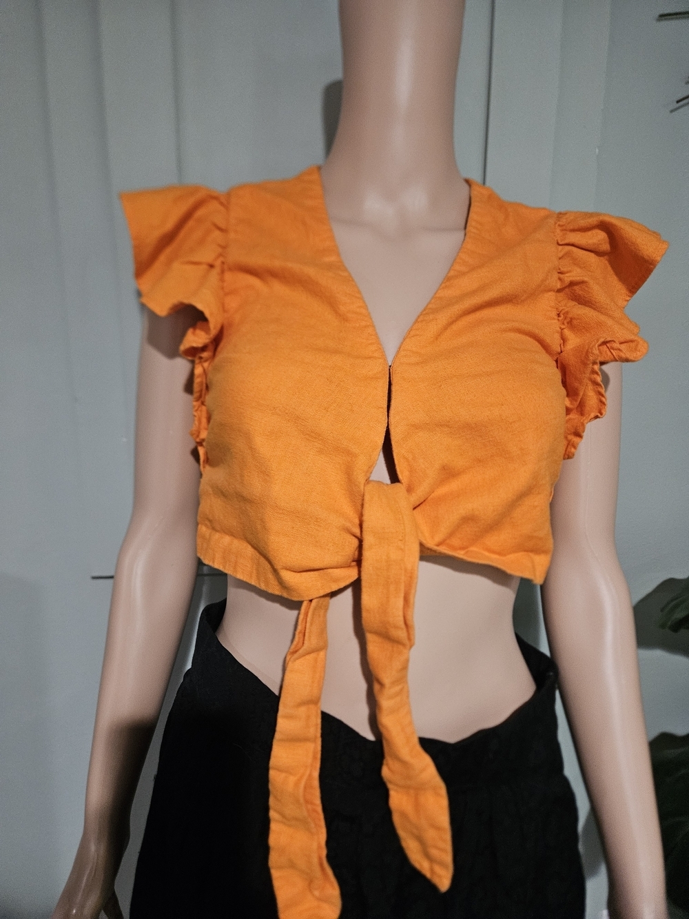 Abercrombie Orange Linen Tie Front Top Ruffle Sleeve Crop Euro Summer. XS - Picture 11 of 16